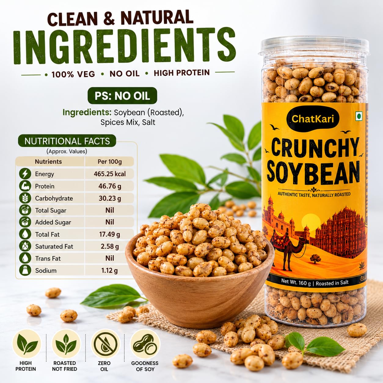 Chatkari Crunchy Roasted Soyabean, 160g Jar (Pack of 3)