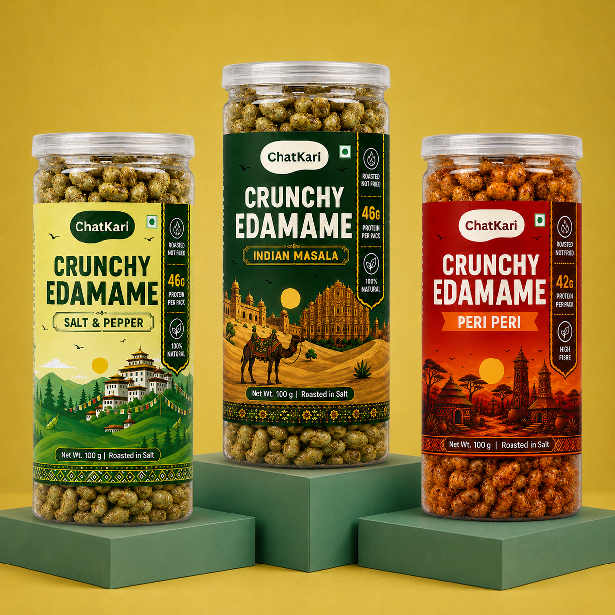Roasted Edamame (Peri Peri, Indian Masala, Salt n Pepper) (3 packs - 100gm Each)