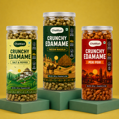 Roasted Edamame (Peri Peri, Indian Masala, Salt n Pepper) (3 packs - 100gm Each)