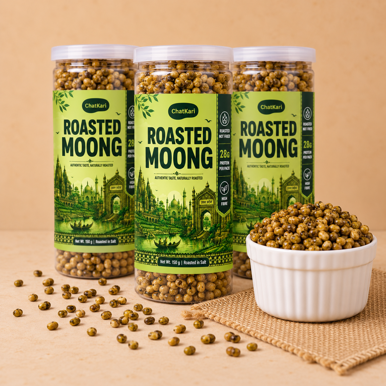 Roasted Solid Moong 450 gm (Pack of 3-150 gm each) | Spicy Masala Moong | Healthy Roasted Snacks