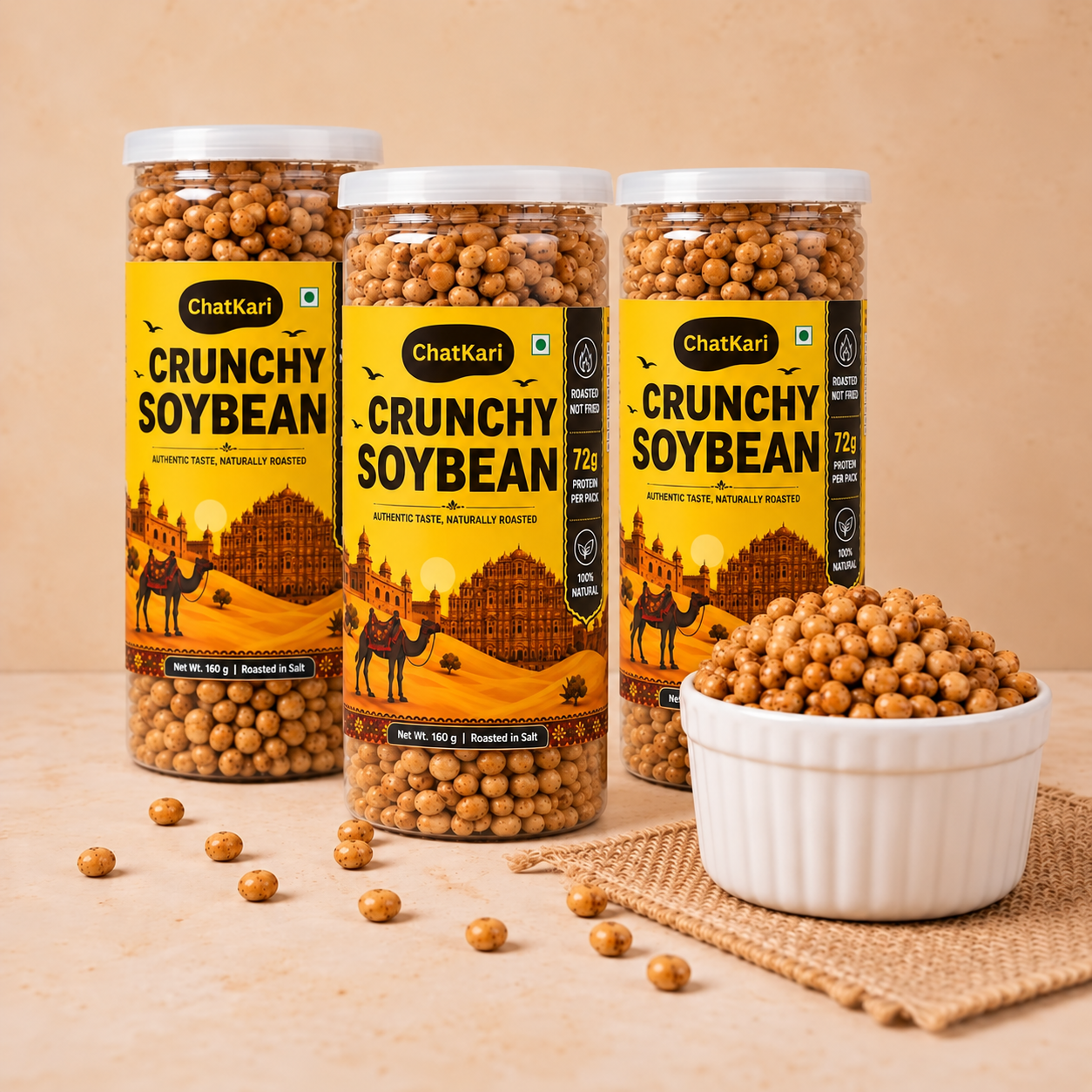 Chatkari Crunchy Roasted Soyabean, 160g Jar (Pack of 3) | 72g Protein