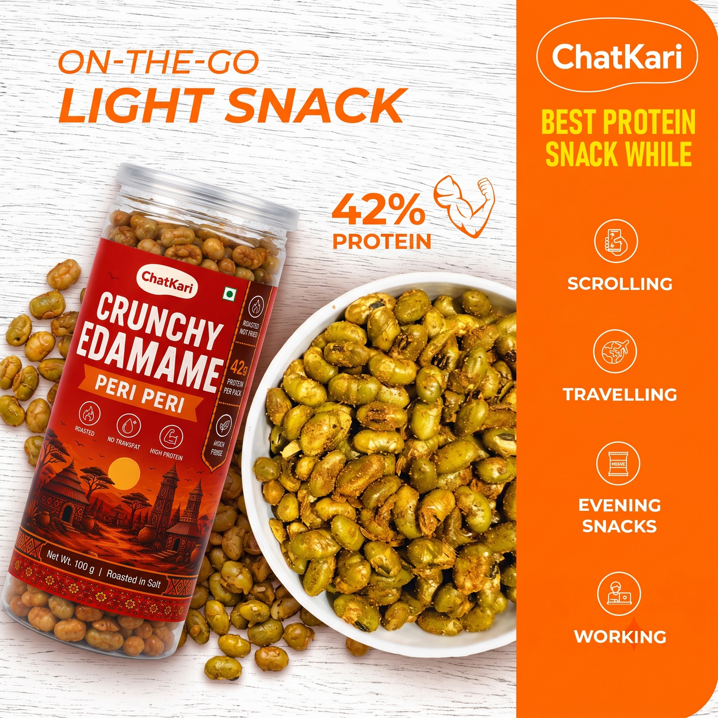 Roasted Edamame Peri Peri Limon Flavour 100gm | 42gm Protein